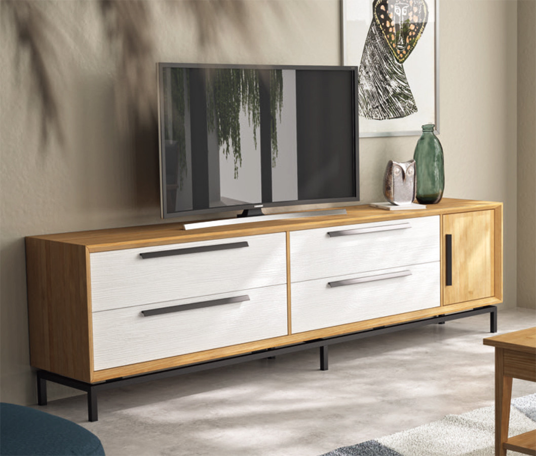 MESA DE TV CON CAJONES Y PUERTAS ESTILO NÓRDICO EN MADERA NATURAL