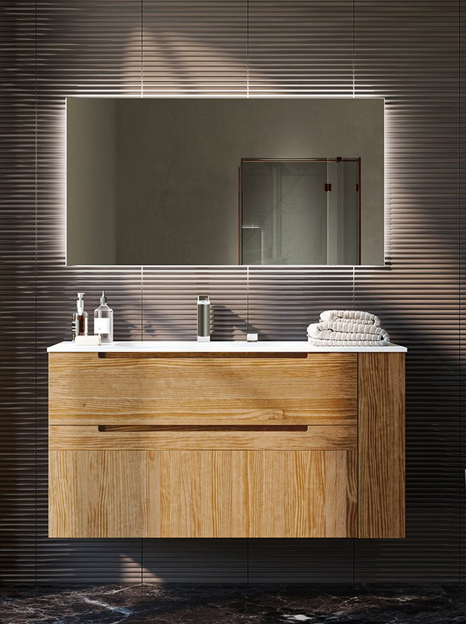 MUEBLE DE BAÑO CON MÓDULO LATERAL Y ESTANTE EN MADERA SOSTENIBLE