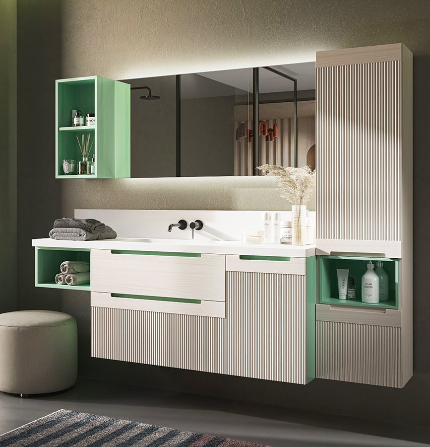 ▷ MUEBLE DE LAVABO FLOTANTE CON ESPEJO Y ARMARIO LATERAL CON PUERTAS