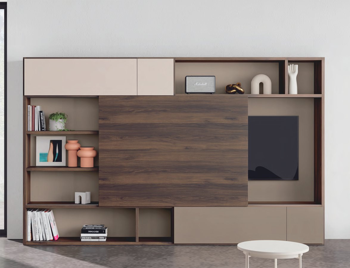 LIBRERÍA PARA SALÓN CON PUERTA CORREDERA PARA OCULTAR LA TELEVISIÓN