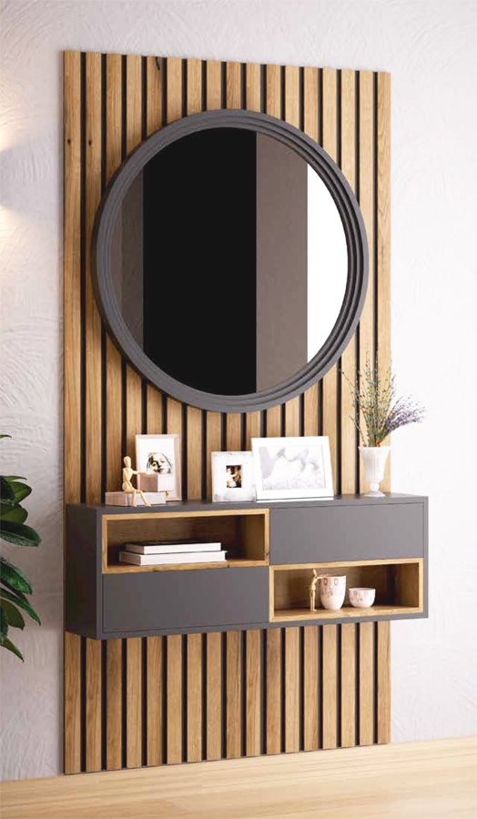 MUEBLE PARA RECIBIDORES CON 2 CAJONES, ESPEJO Y PANELADO DE MADERA