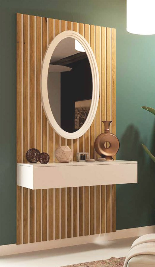 Mueble recibidor con cajón y espejo madera roble y blanca