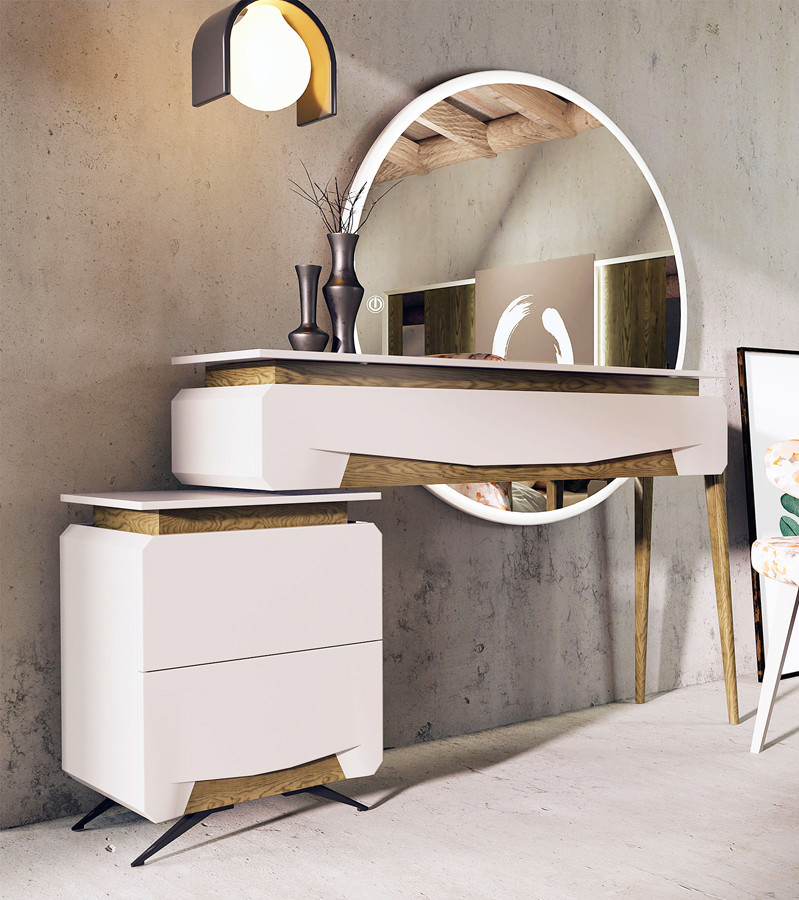 MUEBLE DE ENTRADA CON CAJONERA LATERAL Y ESPEJO CIRCULAR - DM