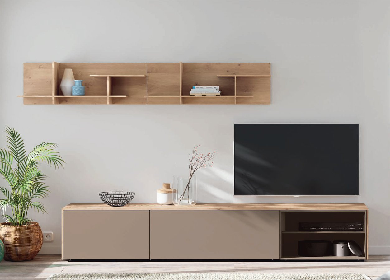 MUEBLE BAJO PARA TELEVISIÓN MODERNO CON ESTANTERÍA DE PARED OPCIONAL