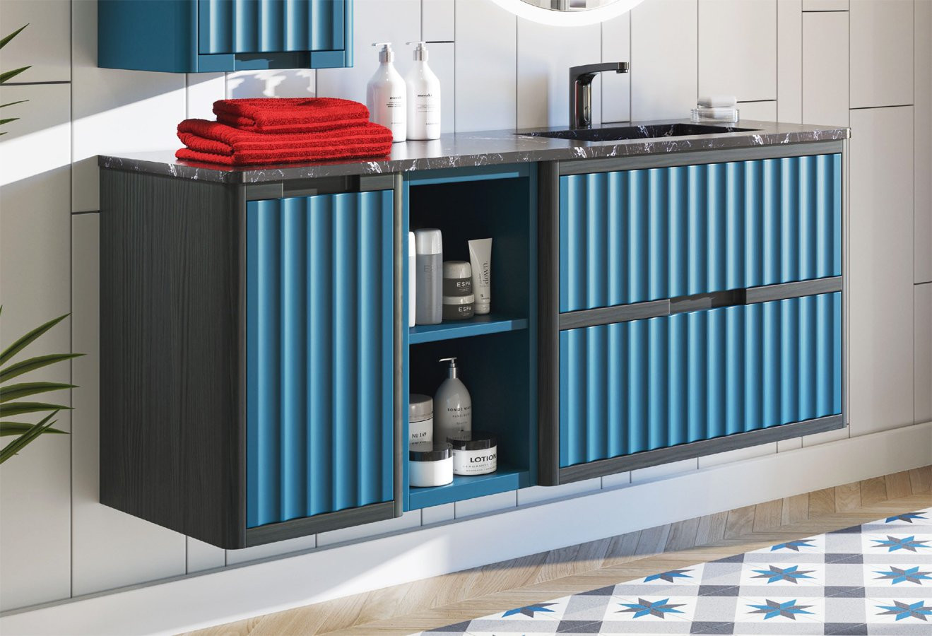 MUEBLE DE BAÑO FLOTANTE EN MADERA NATURAL Y CON LAVABO INTEGRADO