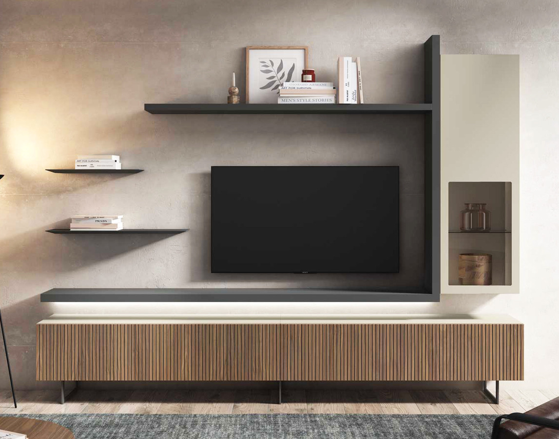COMPOSICIÓN MUEBLE TV BALDAS Y MÓDULO VERTICAL 1 PUERTA - ROBLE