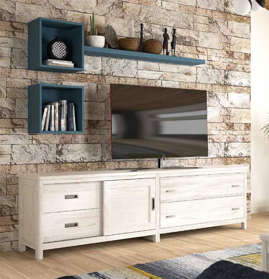 MUEBLE DE TELEVISION CON ESTANTE FORMA DE CUBO EN MADERA