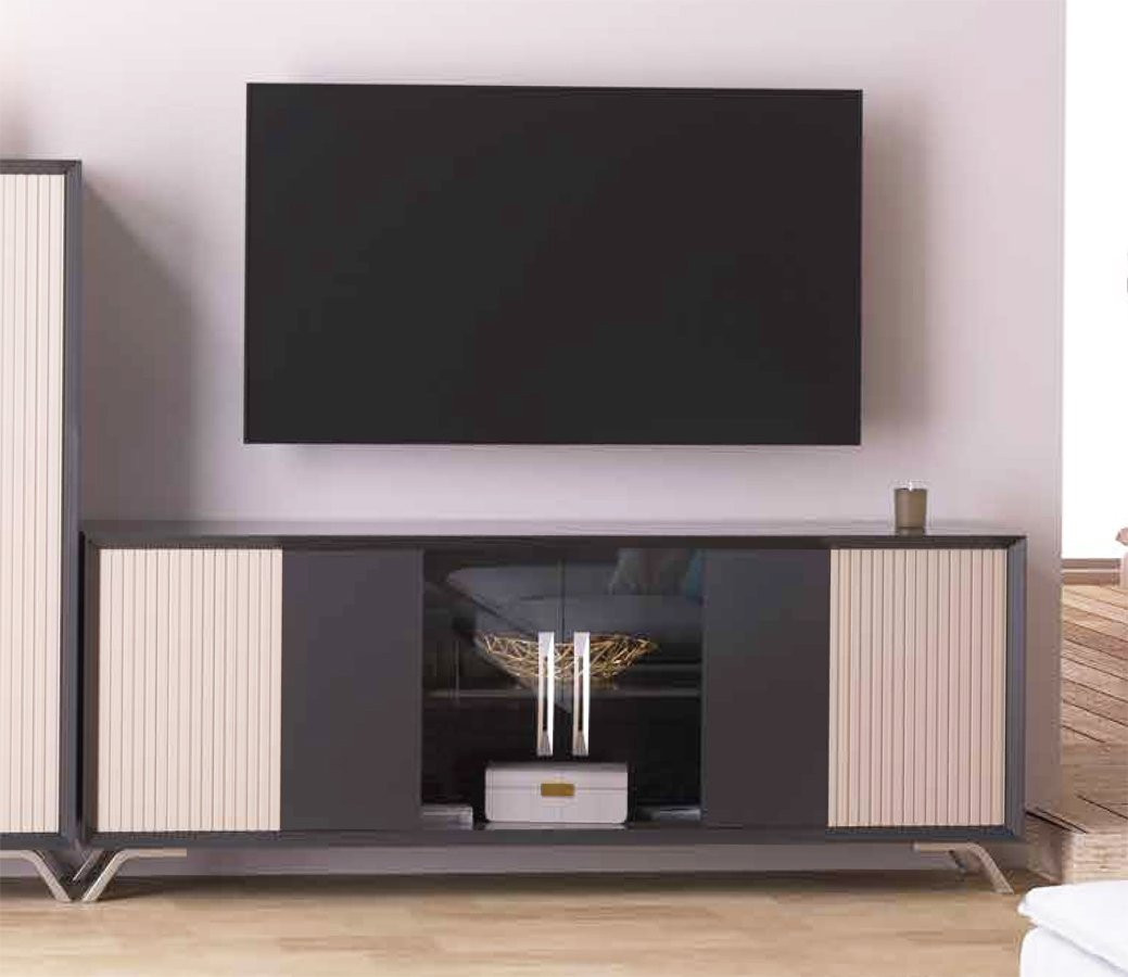 MODERNO MUEBLE DE TV CON 2 PUERTAS MADERA Y 2 PUERTAS CRISTAL