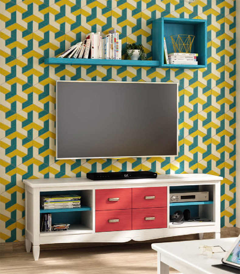 MUEBLE DE TV CON CAJONES, BALDAS Y CUBO ESTANTE