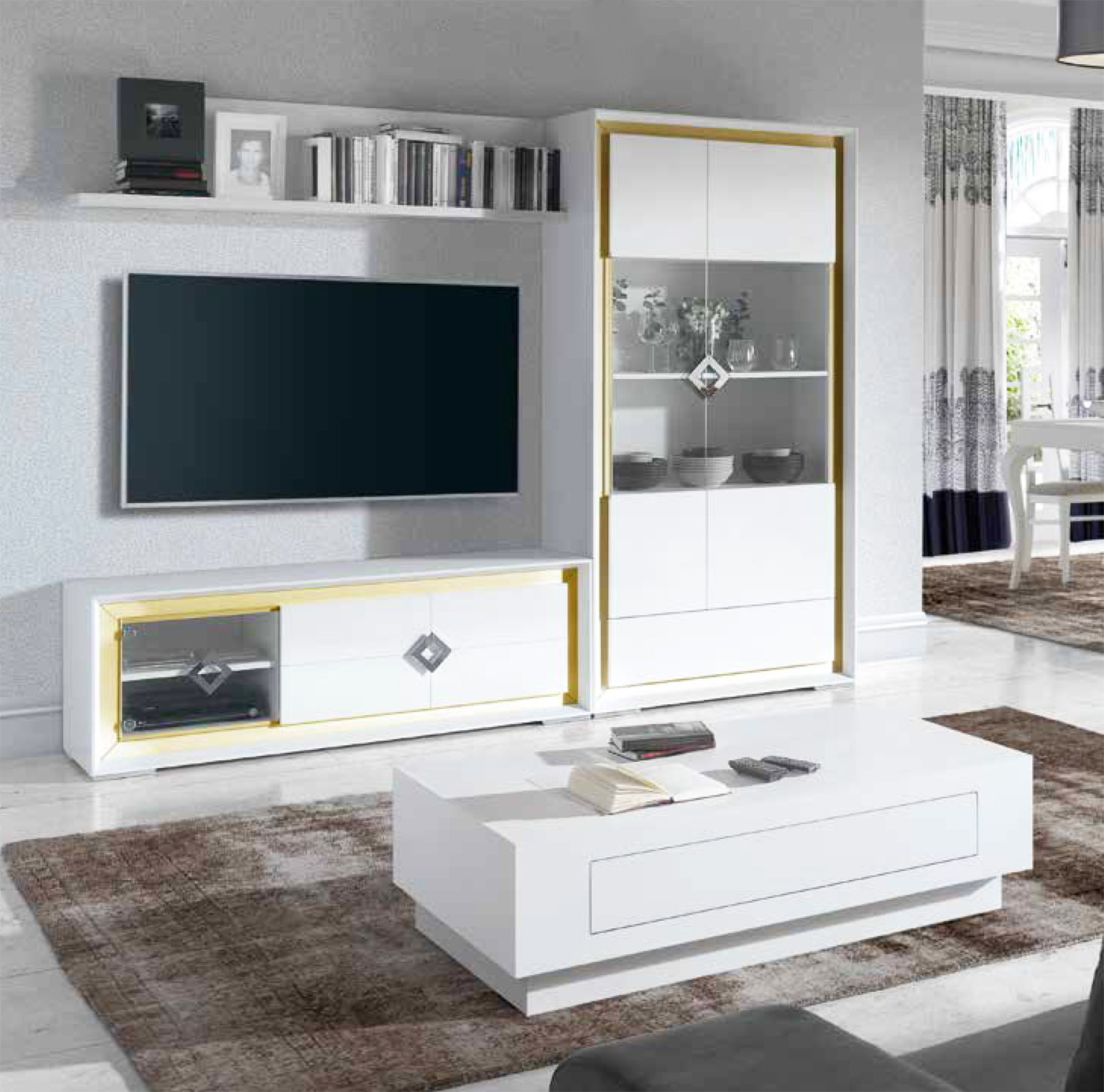 Composición salón comedor con mueble TV, módulo alto y vitrina HORA