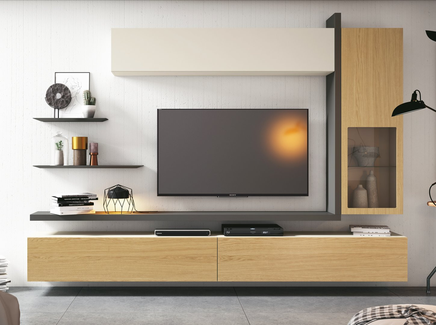 MUEBLE DE TELEVISIÓN MODULAR CON BALDAS Y VITRINA VERTICAL