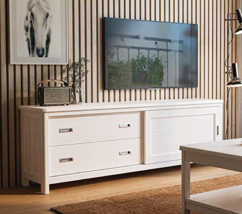 MESA DE TV CON CAJONES DE GRAN CAPACIDAD EN MADERA NATURAL