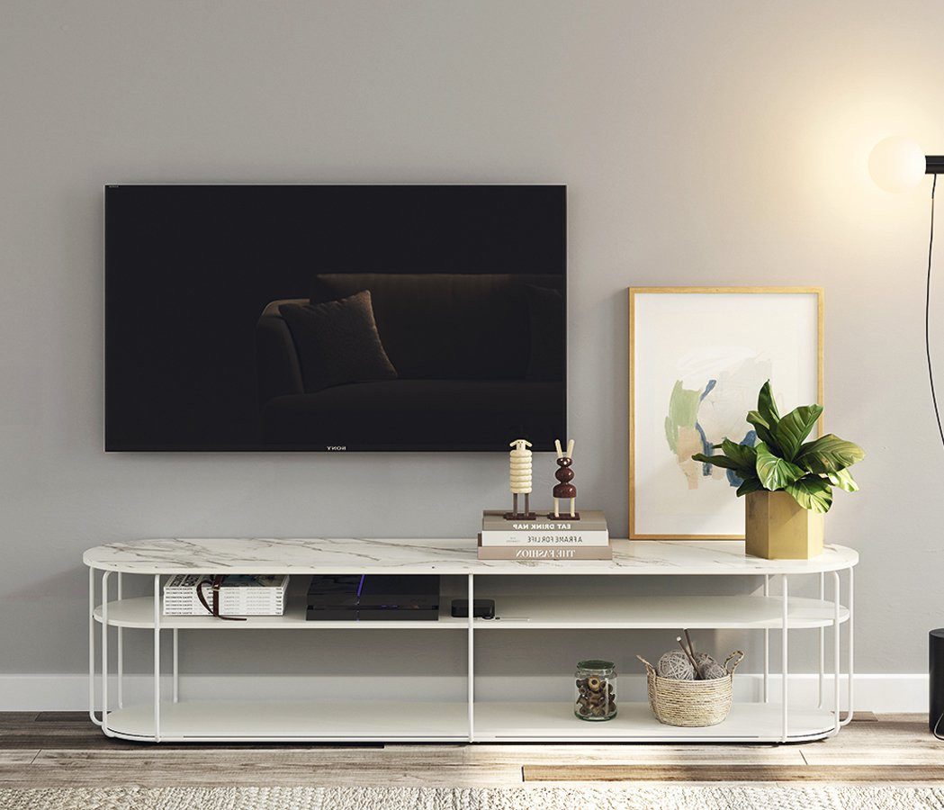 MESA TV DE DISEÑO ATEMPORAL CON ESTRUCTURA DE METAL Y ESTANTES