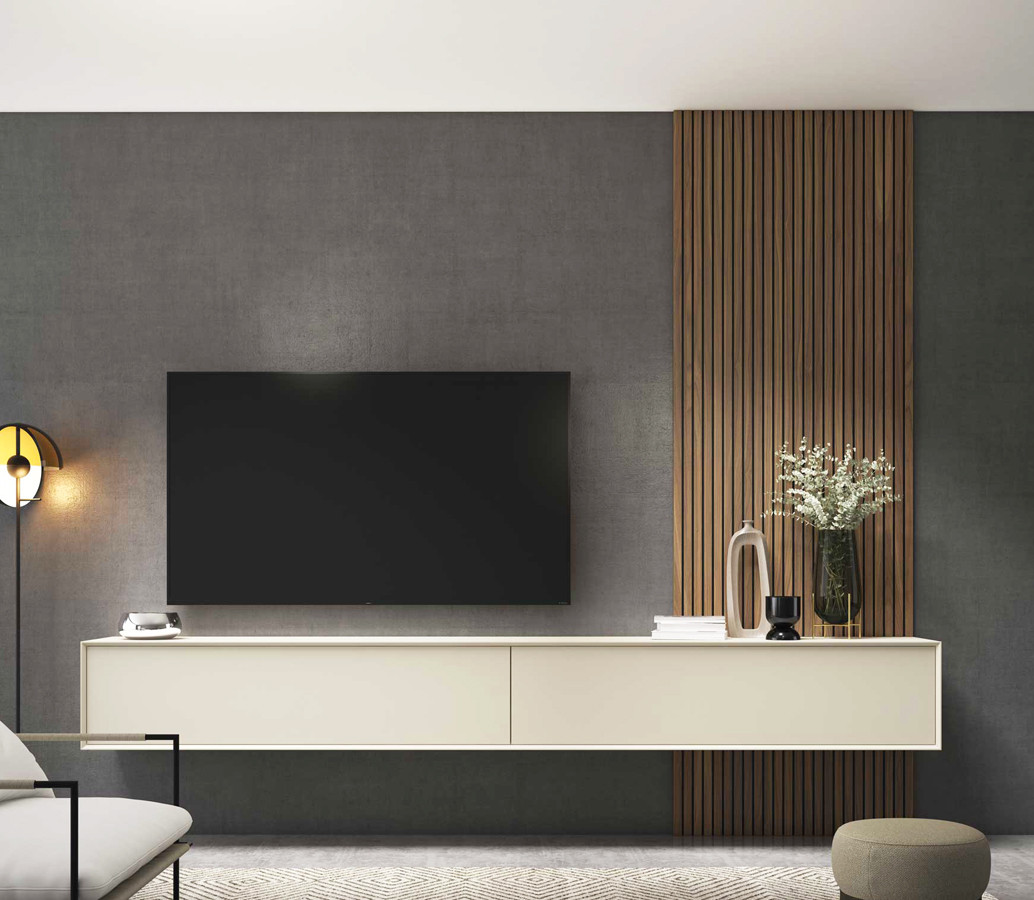 ▷ MUEBLE TV SUSPENDIDO Y PANEL en madera de roble