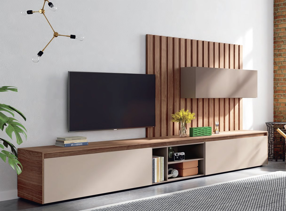 MUEBLE DE TELEVISIÓN CON PANEL ALISTONADO Y MÓDULOS DE ALMACENAJE