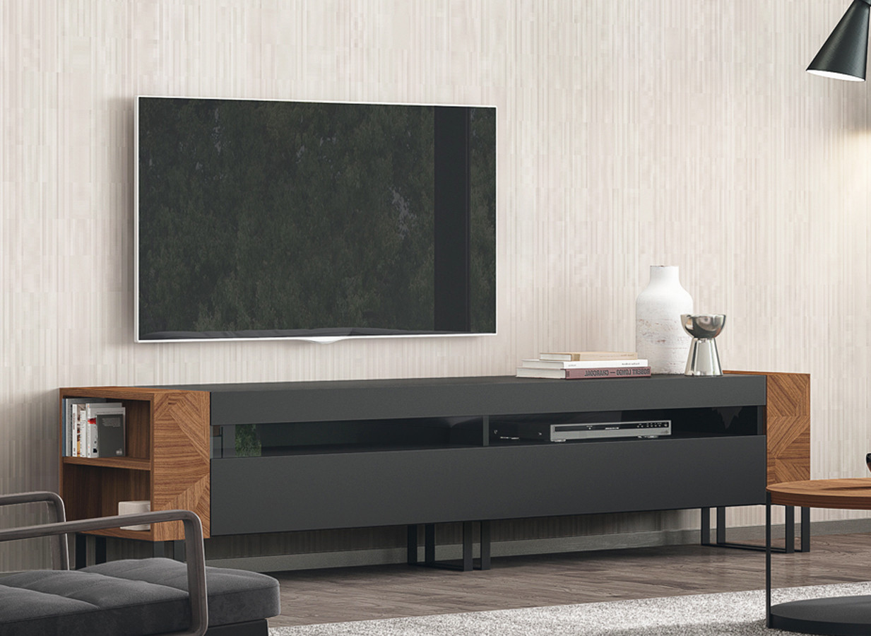 MUEBLE BAJO DE DISEÑO PARA TV MADERA ACABADOS MARQUETERÍA - DM