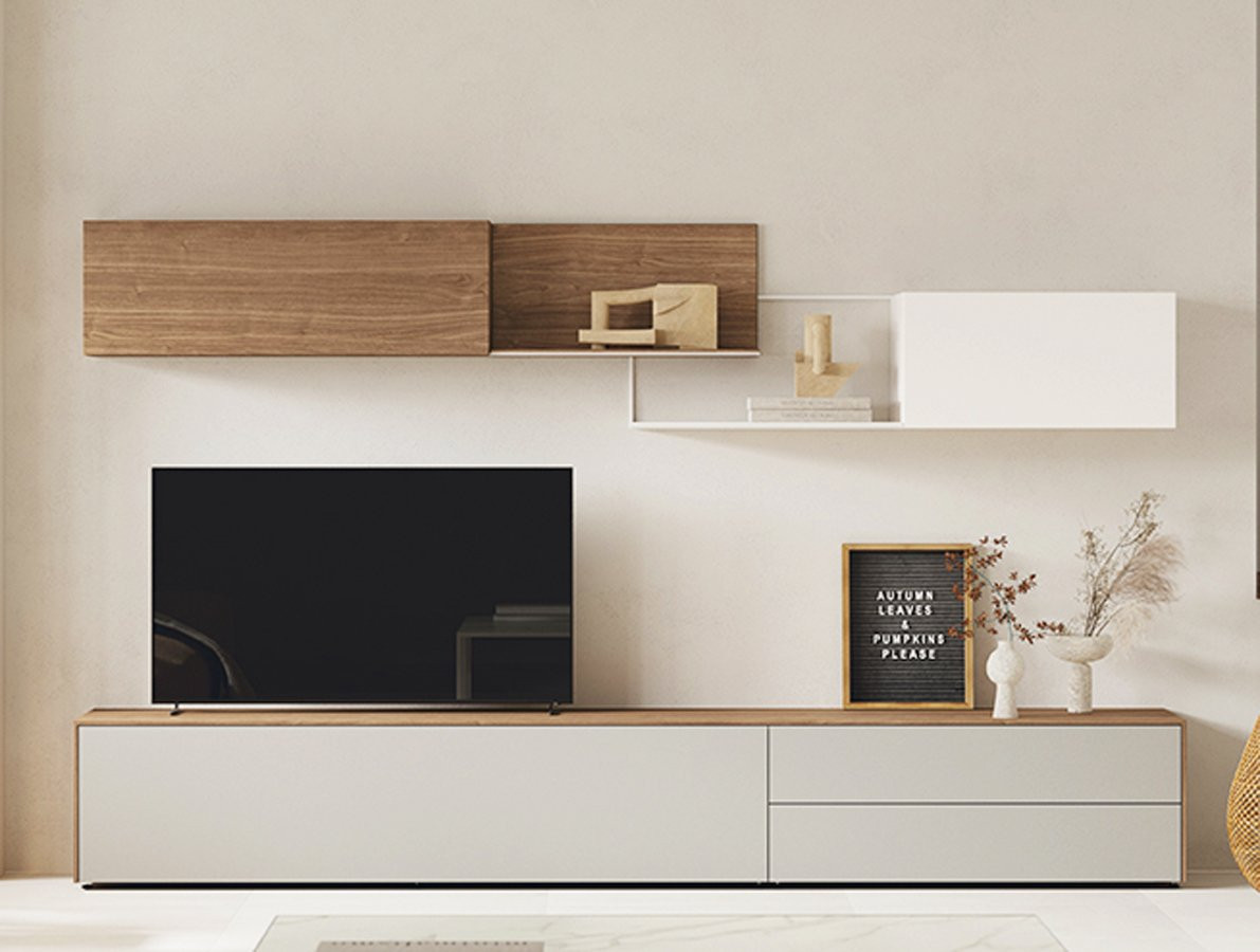 MUEBLE DE TELEVISIÓN CON PUERTA ABATIBLE Y DOS PRÁCTICOS CAJONES