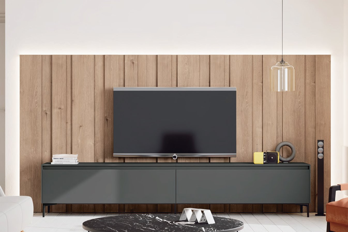 COMPOSICIÓN MODULAR DE SALÓN CON MUEBLE TV Y PANEL ALISTONADO