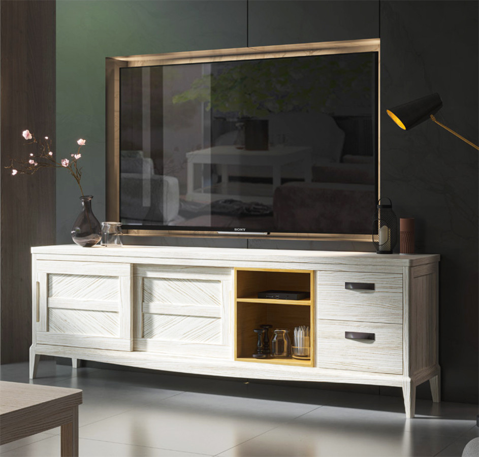 MUEBLE PARA TV CON PUERTAS CORREDERAS Y CAJONES MADERA SOSTENIBLE
