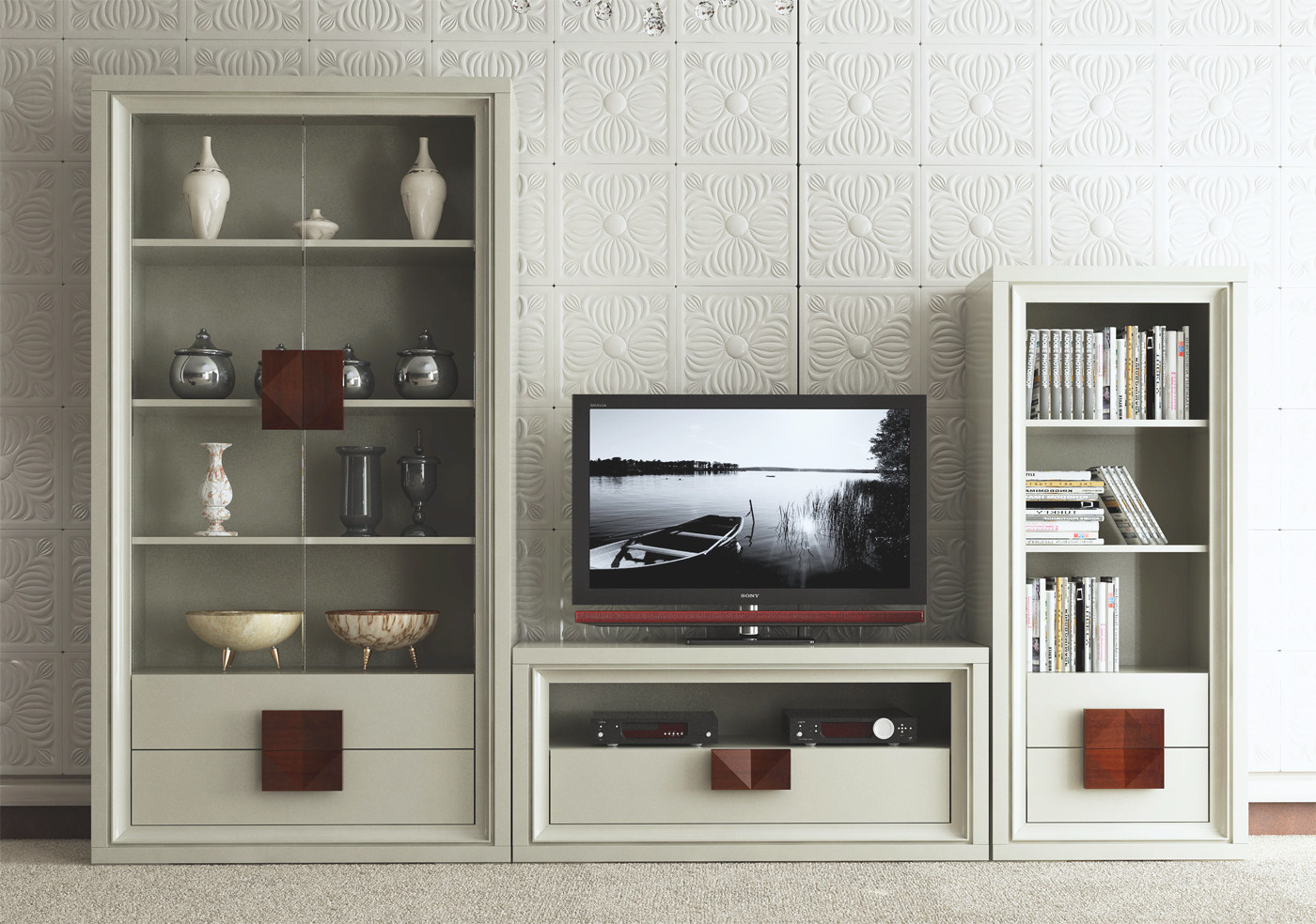 CONJUNTO MOBILIARIO SALÓN CON VITRINA PUERTAS CRISTAL - PINO