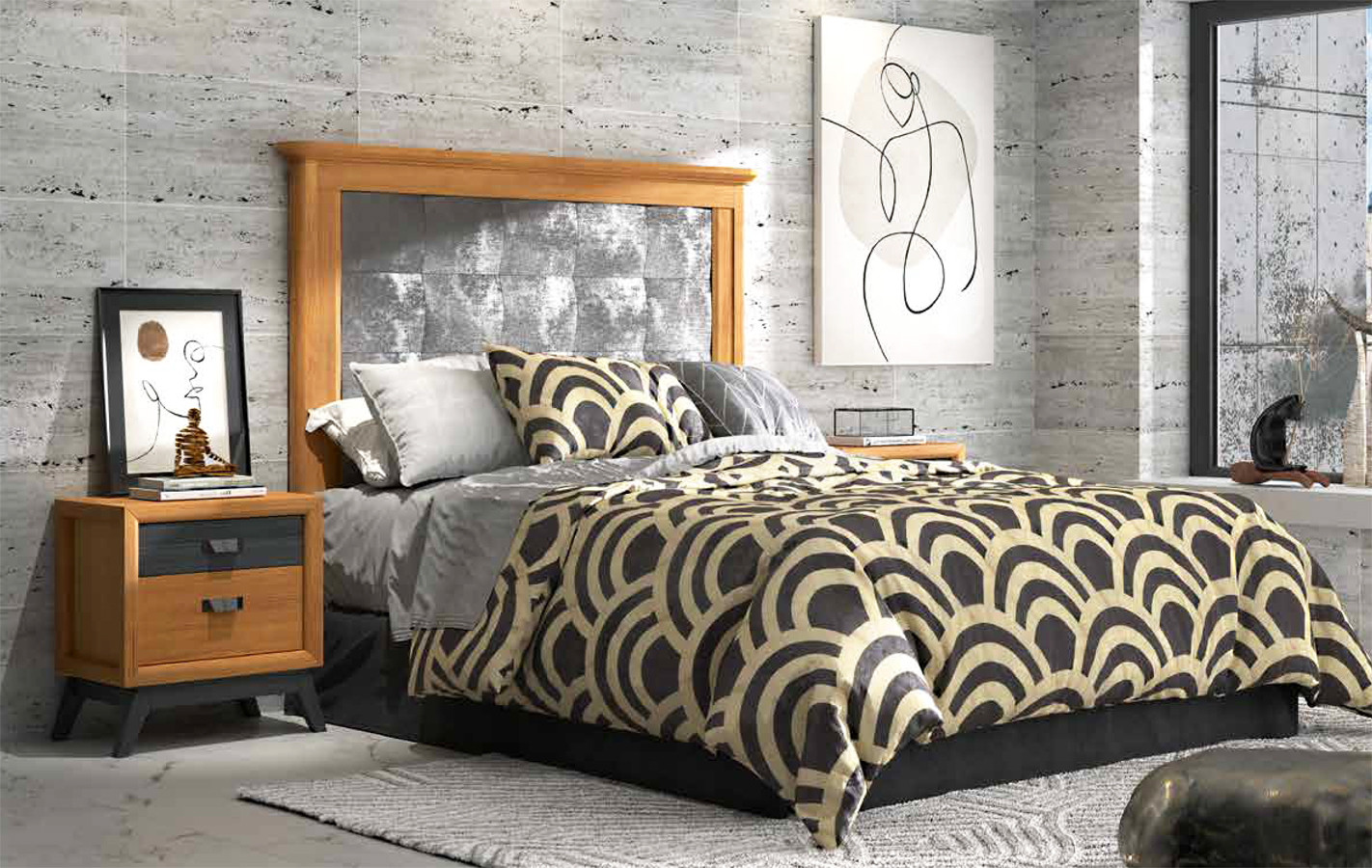 MUEBLES DE DORMITORIO CON CABECERO TAPIZADO MADERA PINO NATURAL