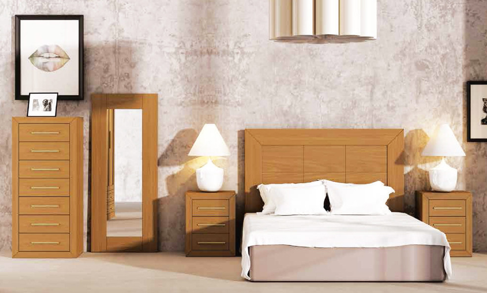 MOBILIARIO DORMITORIO CON CABECERO RECTO MADERA - PINO