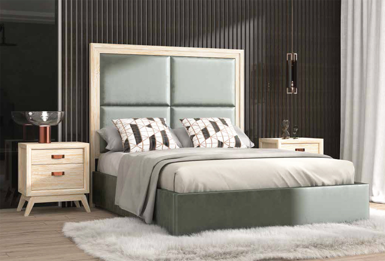 MUEBLES DE DORMITORIO PANEL TAPIZADO Y MADERA NATURAL DE PINO