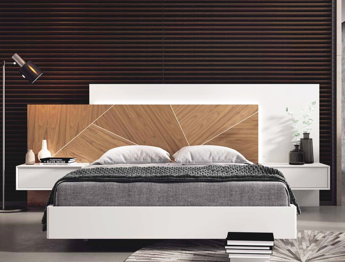 DORMITORIO DE DISEÑO MINIMALISTA CON PANEL QUE INCORPORA MARQUETERÍA