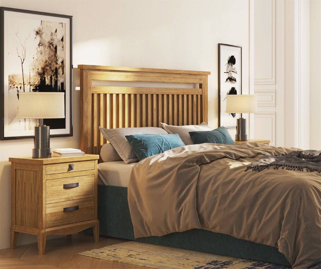 DORMITORIO DE MADERA SOSTENIBLE CON CABECERO NÓRDICO Y MESILLAS