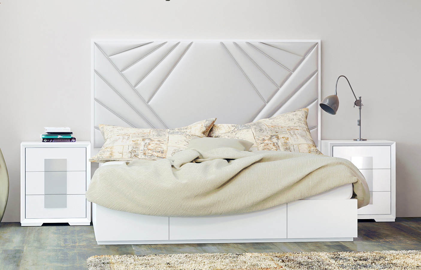 MOBILIARIO DE DORMITORIO CON CABECERO TAPIZADO MODERNO - DM