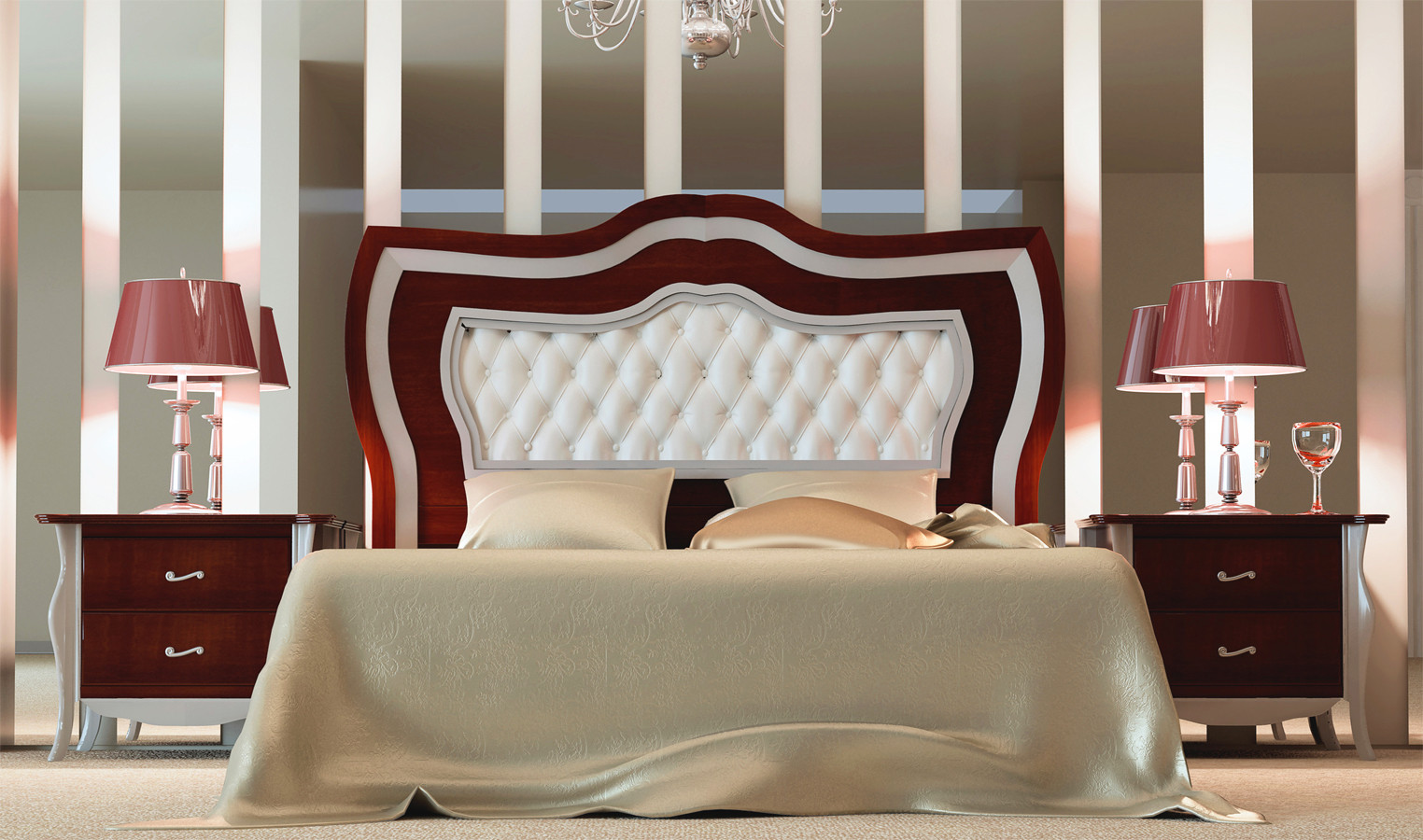 DORMITORIO DE MATRIMONIO CABECERO TAPIZADO - PINO