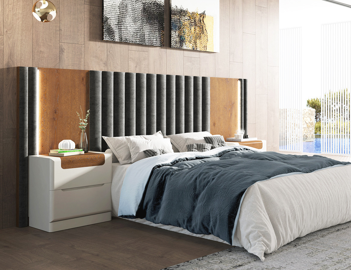 CONJUNTO DE DORMITORIO CON CABECERO TAPIZADO Y MESILLAS - DM