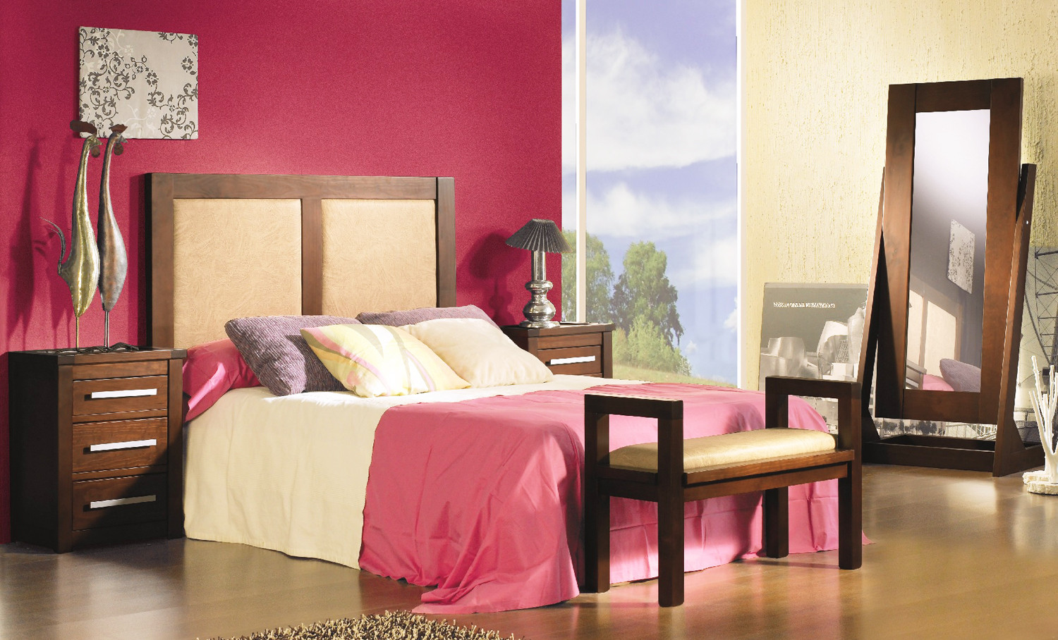 DORMITORIO MATRIMONIO CABECERO TAPIZADO TELA - PINO