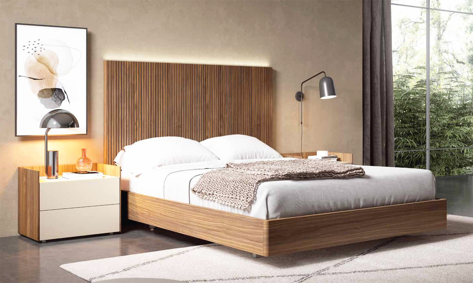 MUEBLES DORMITORIO MODERNO BANCADA Y MESITAS MADERA - ROBLE