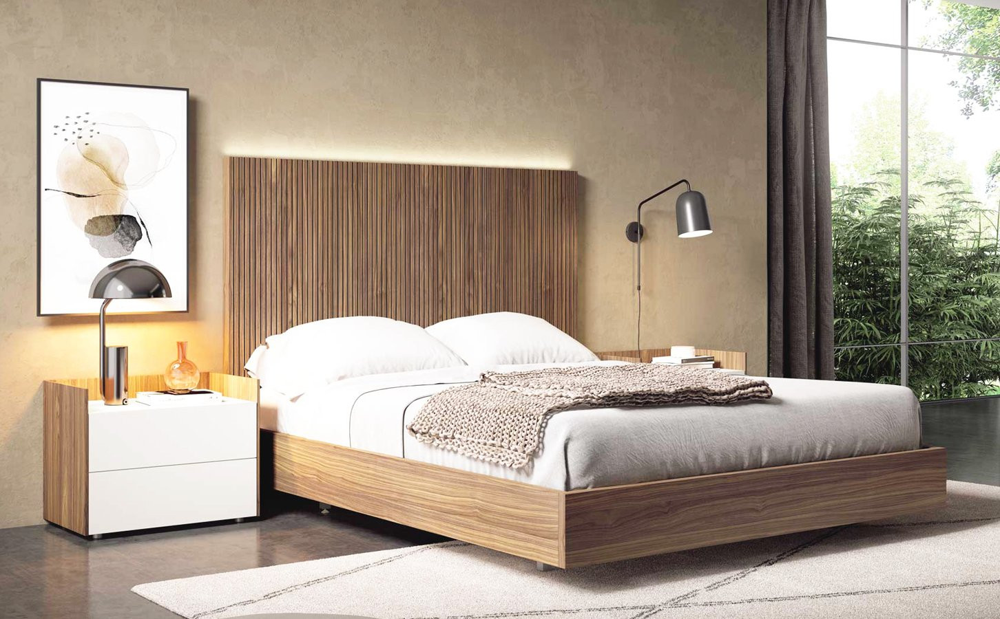 MUEBLES DORMITORIO MODERNO BANCADA Y MESITAS MADERA - ROBLE