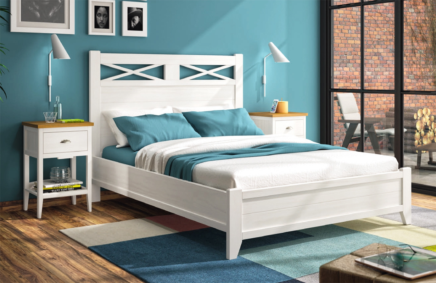 MOBILIARIO DE DORMITORIO CON CAMA DE MADERA Y BANCADA