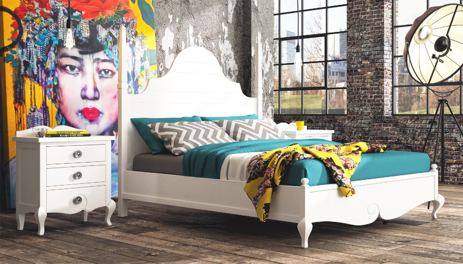 DORMITORIO CON BANCADA DE MADERA Y MESITAS