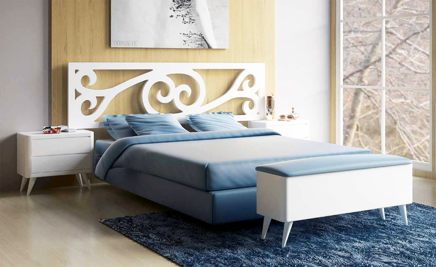 MUEBLES DORMITORIO ESTILO NÓRDICO CON CABECERO CALADO - PINO