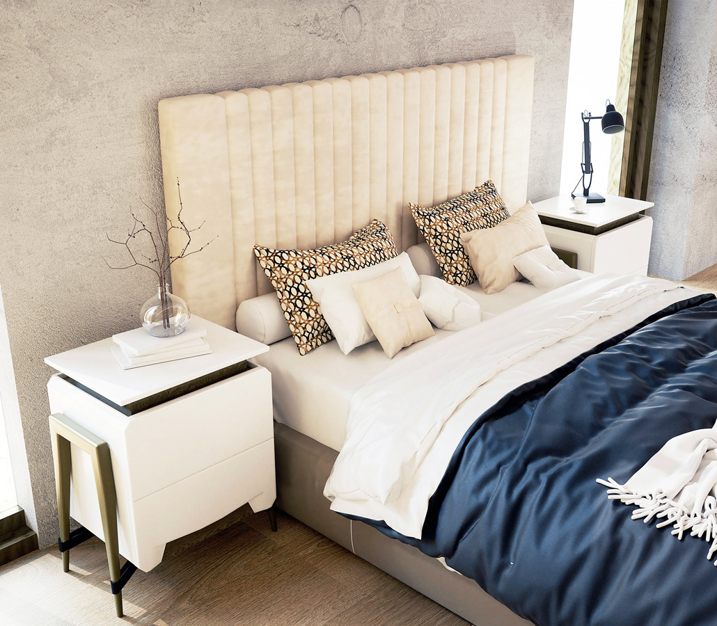 DORMITORIO DE DISEÑO CON CABECERO TAPIZADO Y COSIDO A MANO - DM