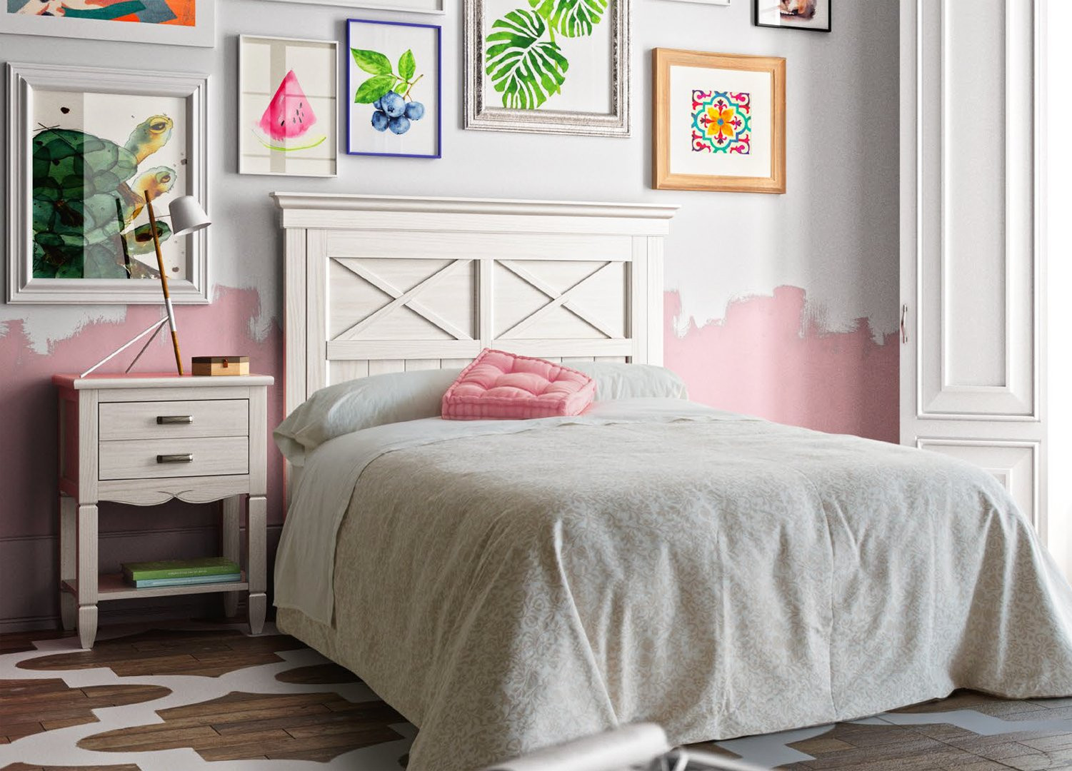 MUEBLES DE DORMITORIO JUVENIL CON CABECERO CON ASPAS Y MESITA