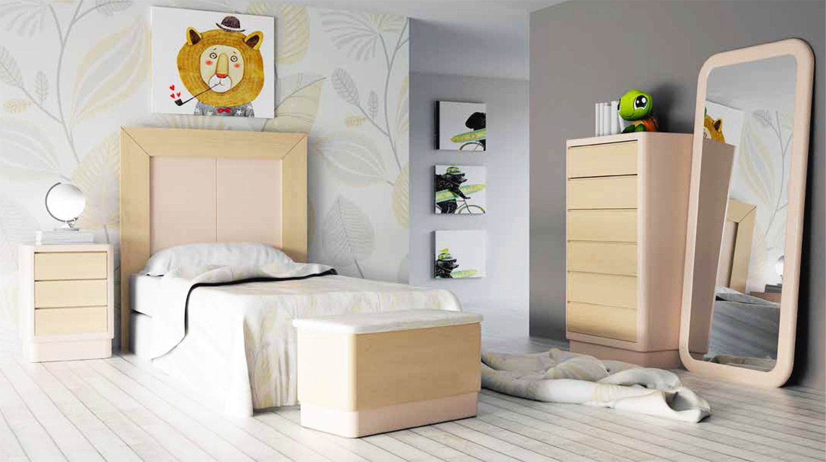 DORMITORIO JUVENIL CON MUEBLES CON ZÓCALO - PINO