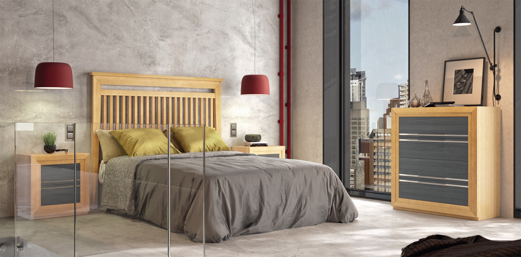 MUEBLES DE MADERA NATURAL PARA DORMITORIO MODERNO Y ACOGEDOR