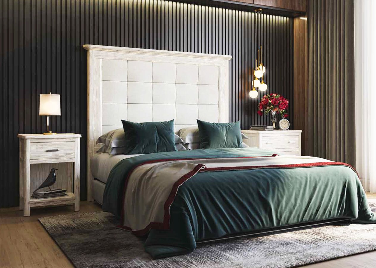 MUEBLES DE DORMITORIO CABECERO TAPIZADO Y MESITAS DE NOCHE