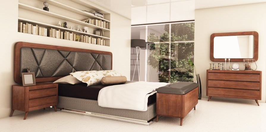 MUEBLES DE DORMITORIO MODERNO CON CABECERO TAPIZADO - PINO