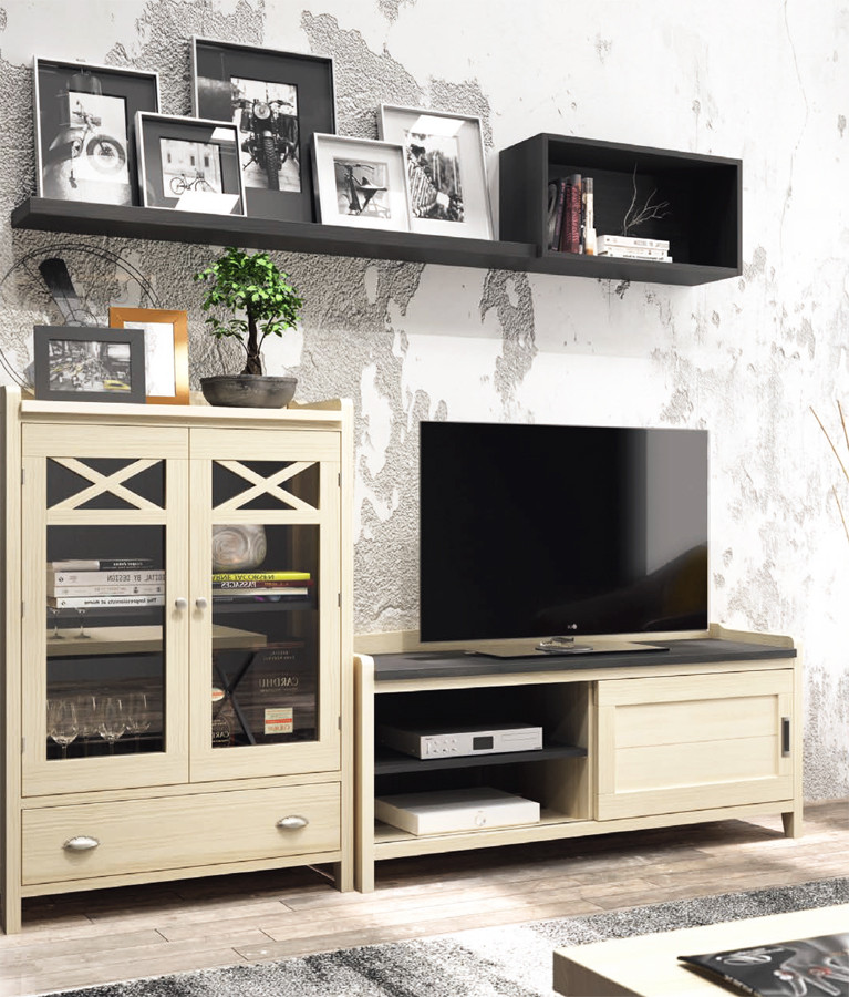 COLECCIÓN DE MUEBLES DE SALÓN CON VITRINA Y MESA DE TV MADERA NATURAL
