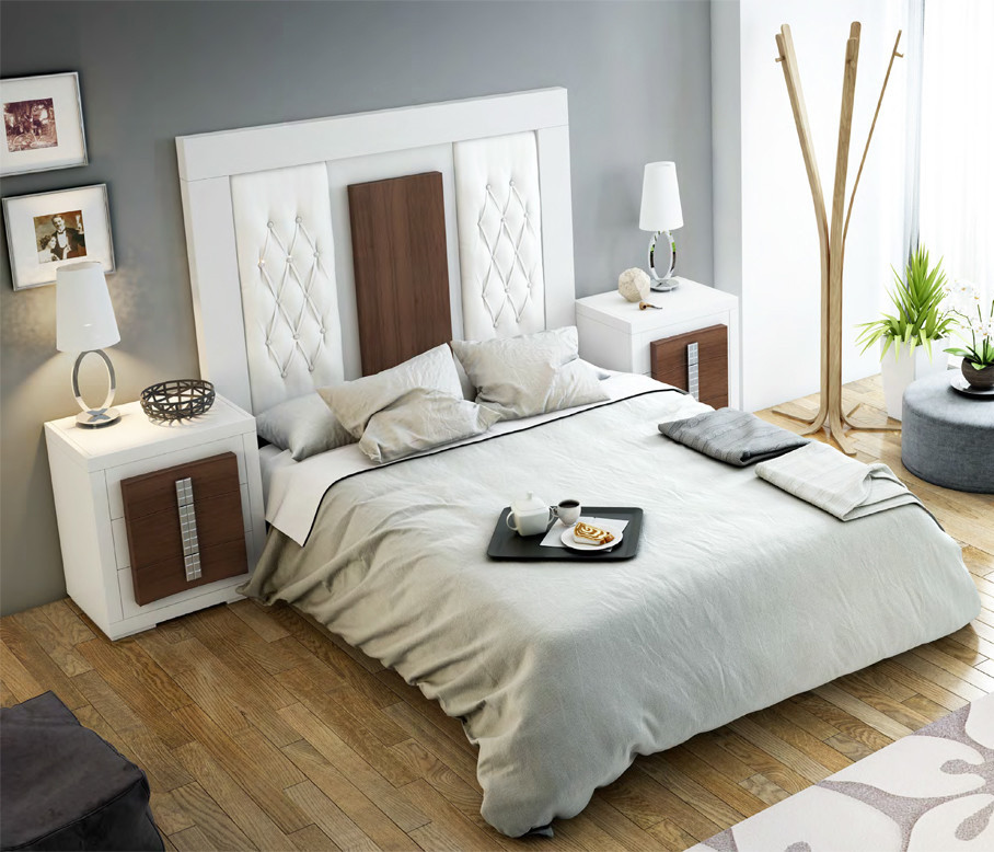 DORMITORIO CON CABECERO TAPIZADO Y MADERA