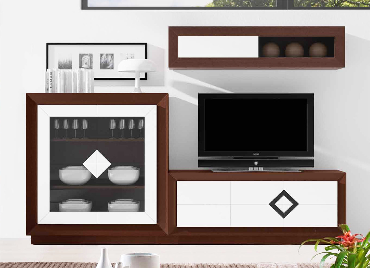 MOBILIARIO PARA SALÓN CON VITRINA VAJILLERO MADERA - ROBLE