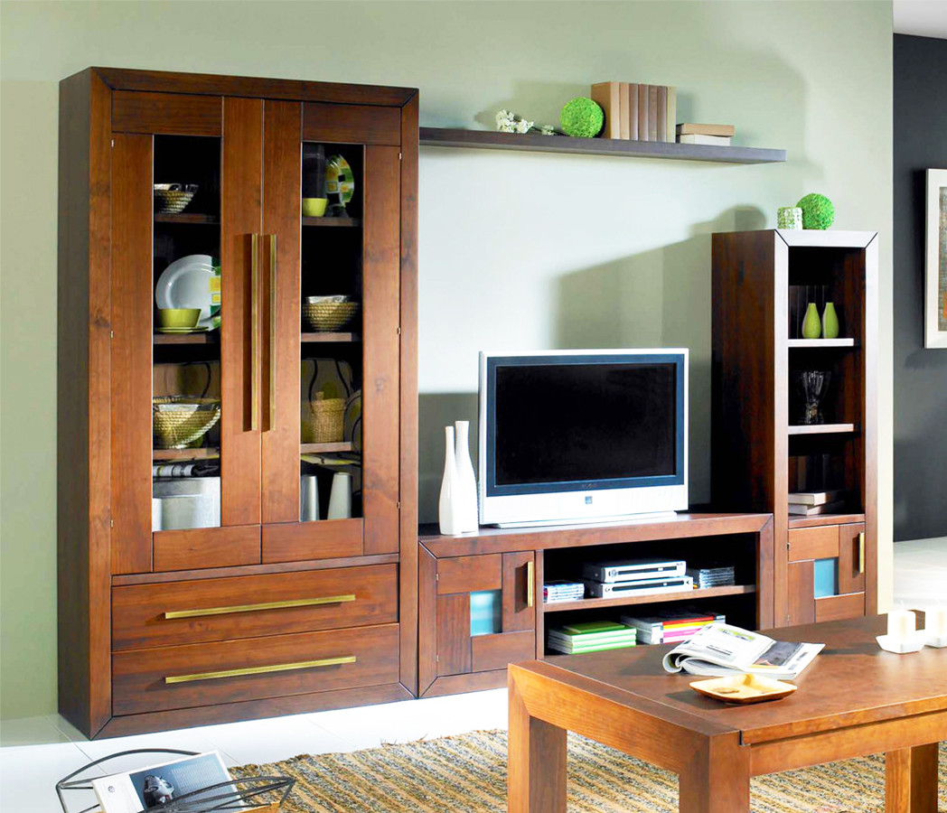 MOBILIARIO DE SALÓN COMEDOR CON VITRINA Y MESA TV MADERA - PINO