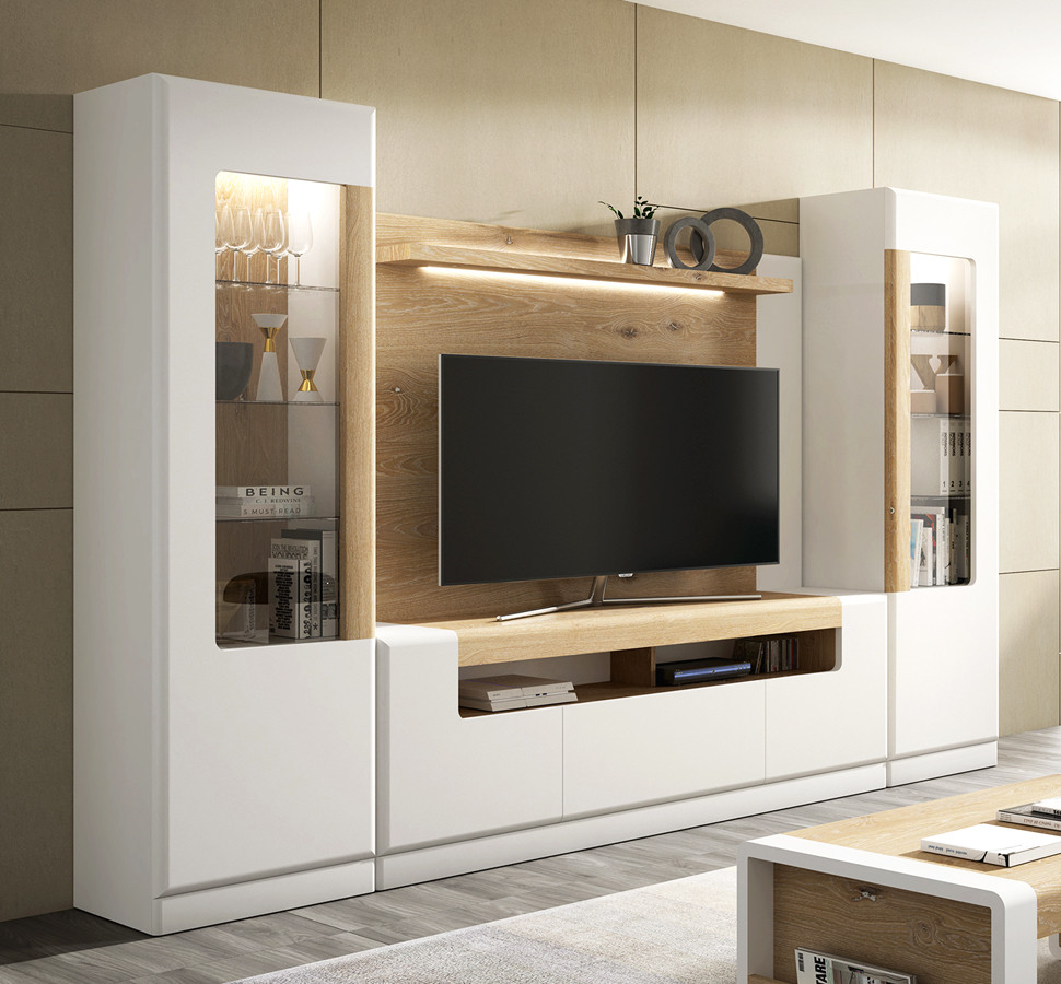 MUEBLES SALÓN MODERNO CON 2 VITRINAS DETALLE EN CHAPA ROBLE - DM