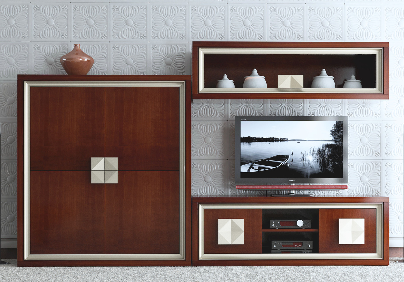 CONJUNTO DE MOBILIARIO CON VITRINA Y MÓDULO MINIBAR MADERA - PINO